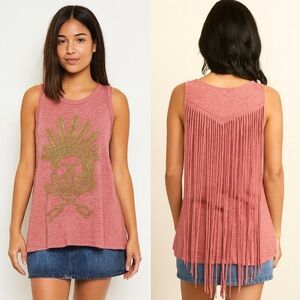 The Clas-sic Skull Tee Tank Top Beaded Pink Heathered Shirt with Fringe Sz Large